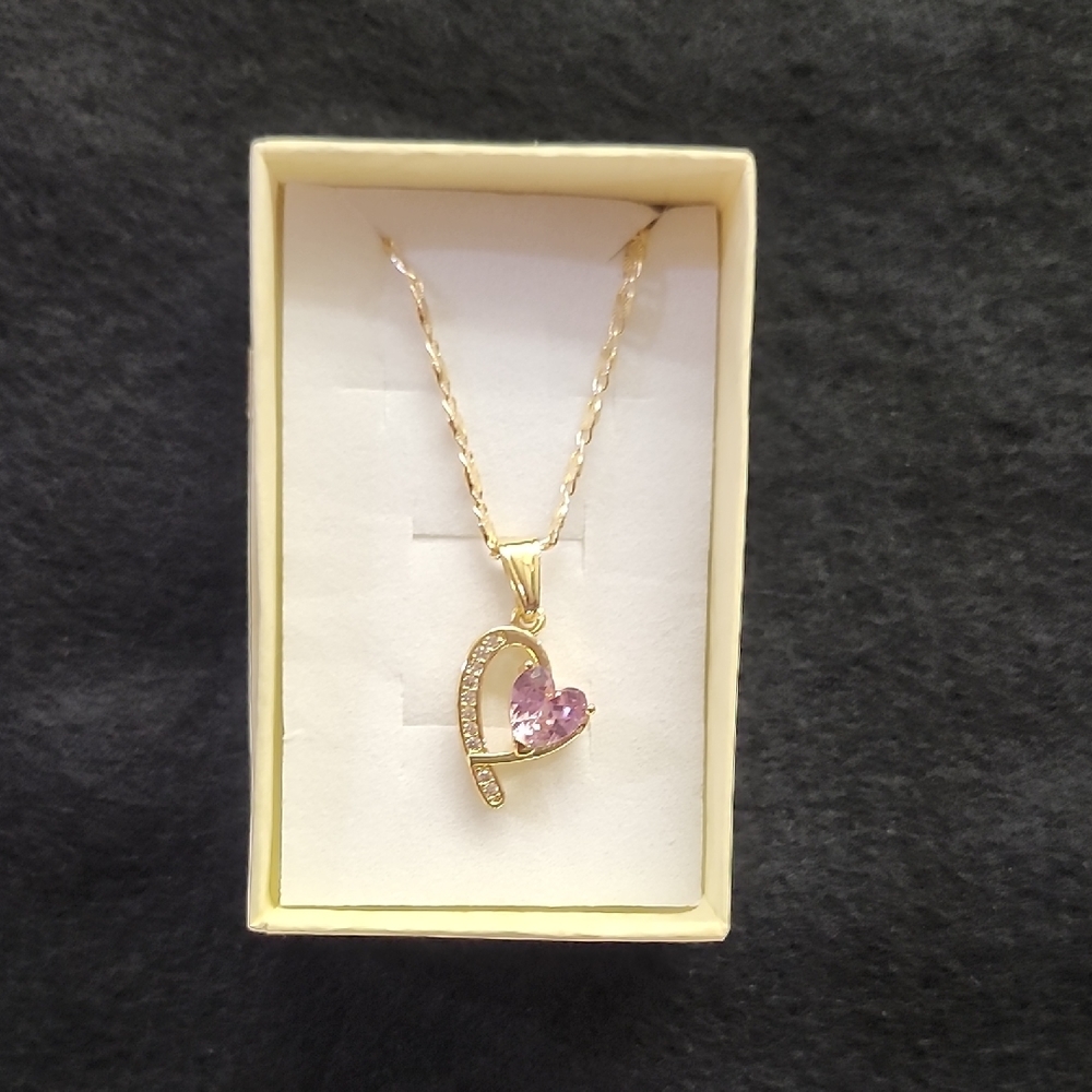 Gold Heart Pendant Necklace with Pink Gemstone